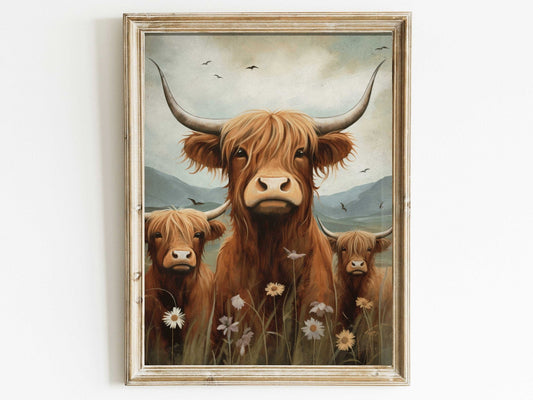 Highland Cow Wall Art, Rustic Farmhouse Decor, Country Style Print - WildfieldPrints