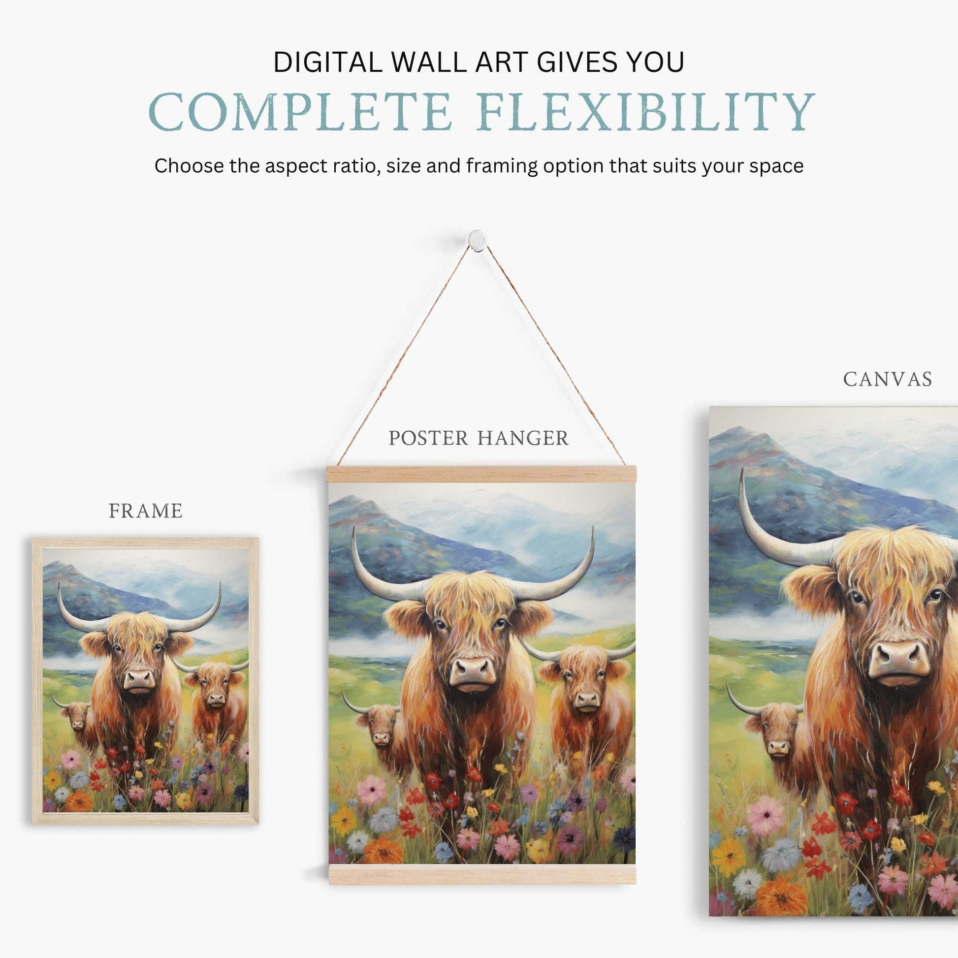 Highland Cow Wall Art, Rustic Farmhouse Decor, Country Style Print - WildfieldPrints