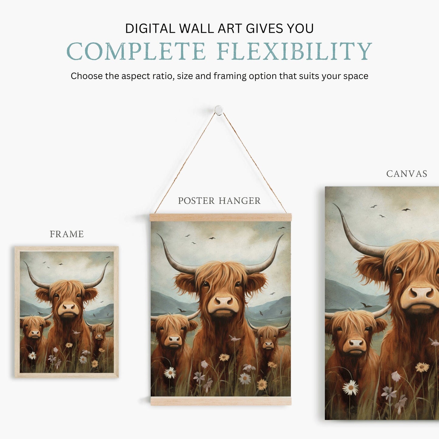 Highland Cow Wall Art, Rustic Farmhouse Decor, Country Style Print - WildfieldPrints