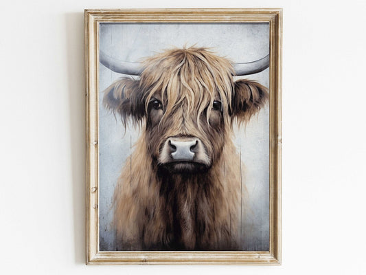 Highland Cow Wall Art, Rustic Farmhouse Decor, Vintage Country Painting - WildfieldPrints