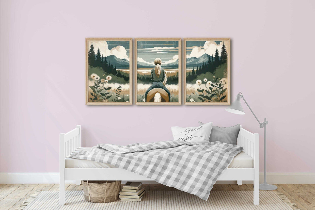 Young Girl on Horseback Wall Art – Equestrian Nursery Print • Set of 3