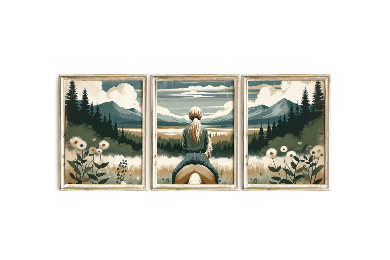 Young Girl on Horseback Wall Art – Equestrian Nursery Print • Set of 3