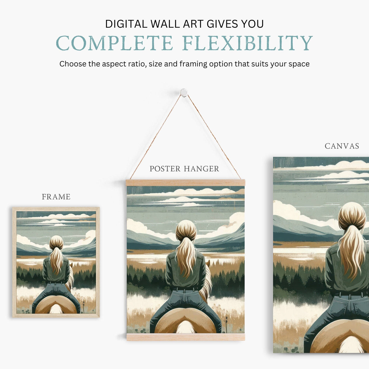 Young Girl on Horseback Wall Art – Equestrian Nursery Print • Set of 3