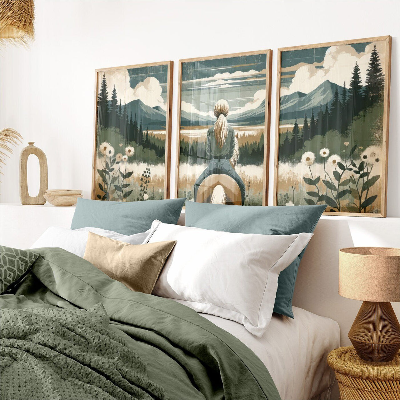 Young Girl on Horseback Wall Art – Equestrian Nursery Print • Set of 3