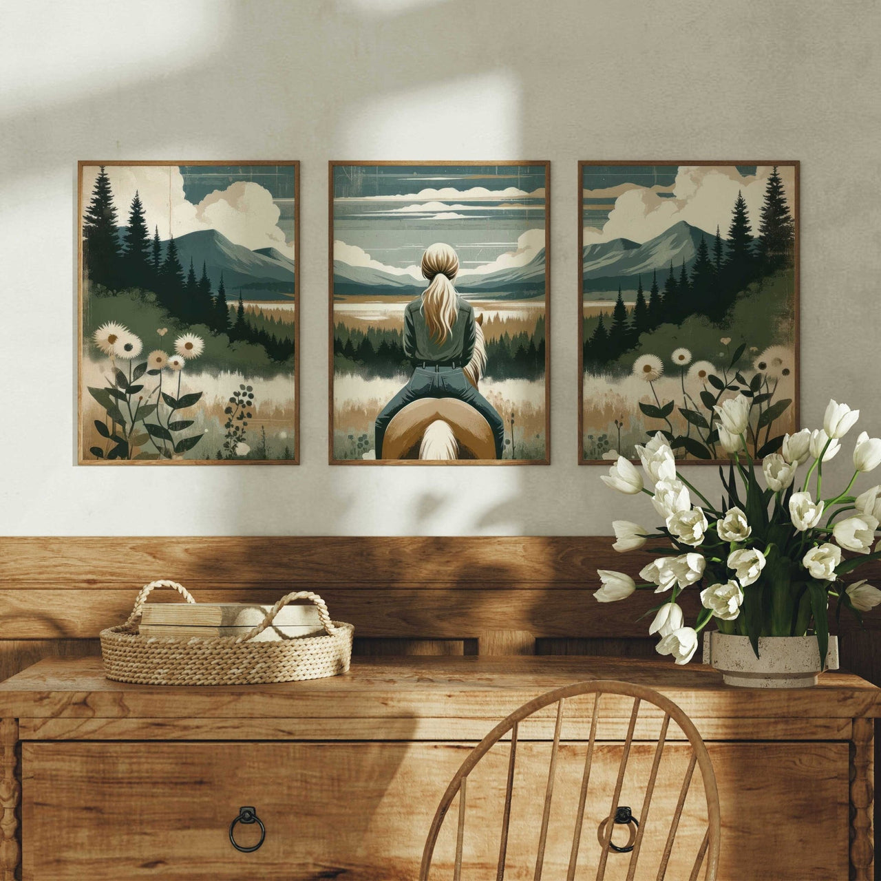 Young Girl on Horseback Wall Art – Equestrian Nursery Print • Set of 3