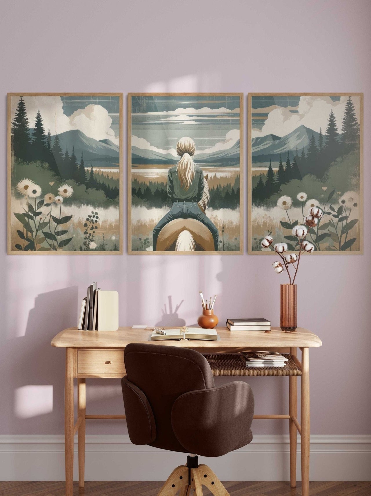 Young Girl on Horseback Wall Art – Equestrian Nursery Print • Set of 3