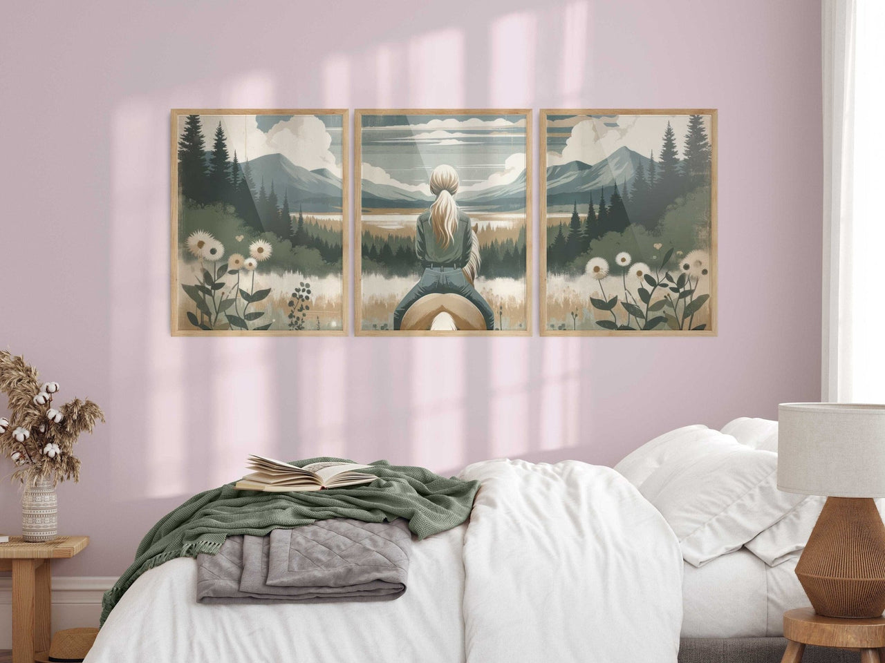 Young Girl on Horseback Wall Art – Equestrian Nursery Print • Set of 3