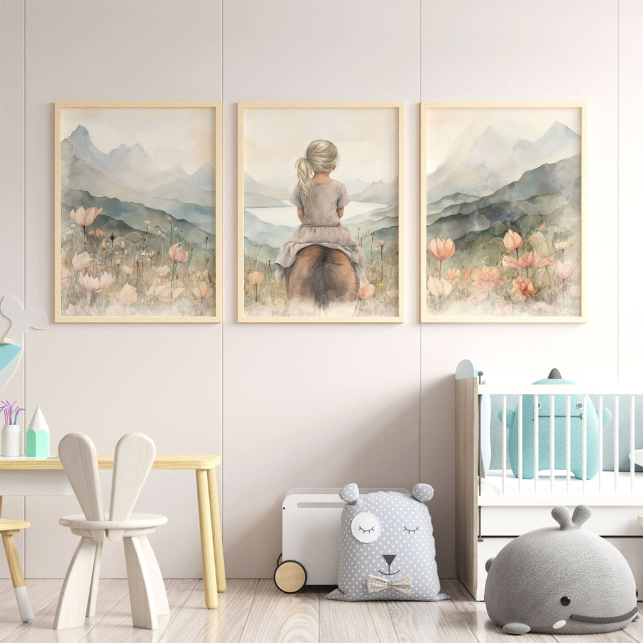 Blonde Maiden and Horse Wall Art – Equestrian Girls Room Print • Set of 3