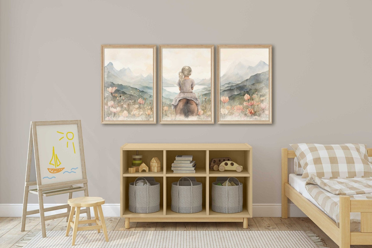 Blonde Maiden and Horse Wall Art – Equestrian Girls Room Print • Set of 3