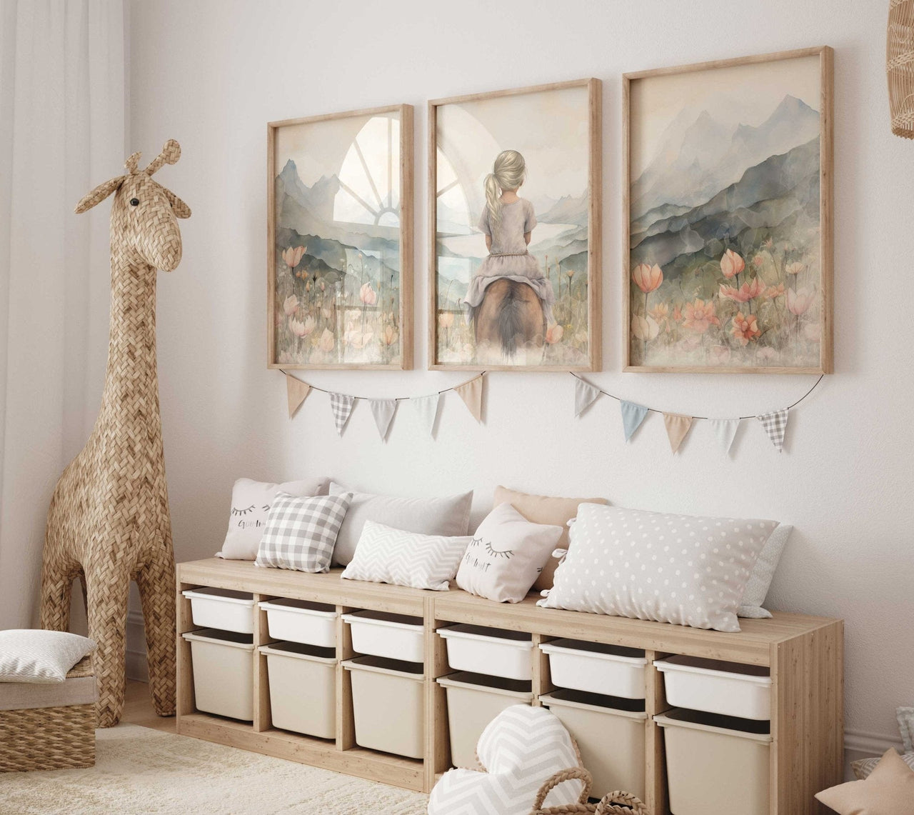 Blonde Maiden and Horse Wall Art – Equestrian Girls Room Print • Set of 3