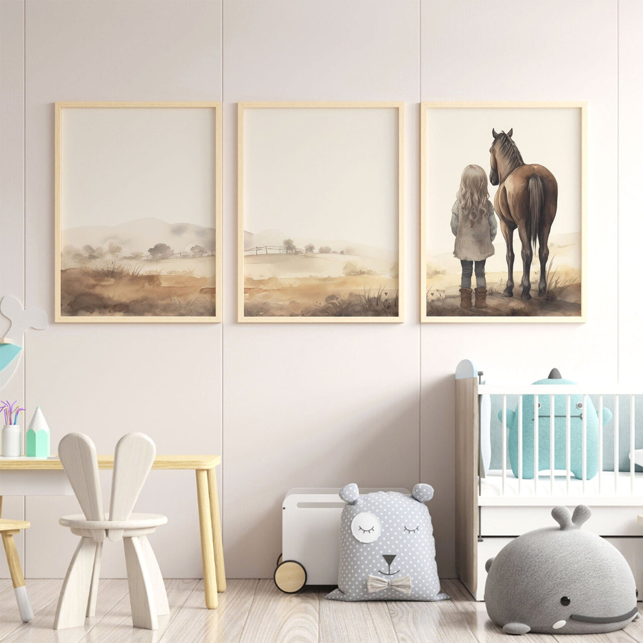 Blonde Girl and Horse Wall Art – Equestrian Girls Room Print • Set of 3