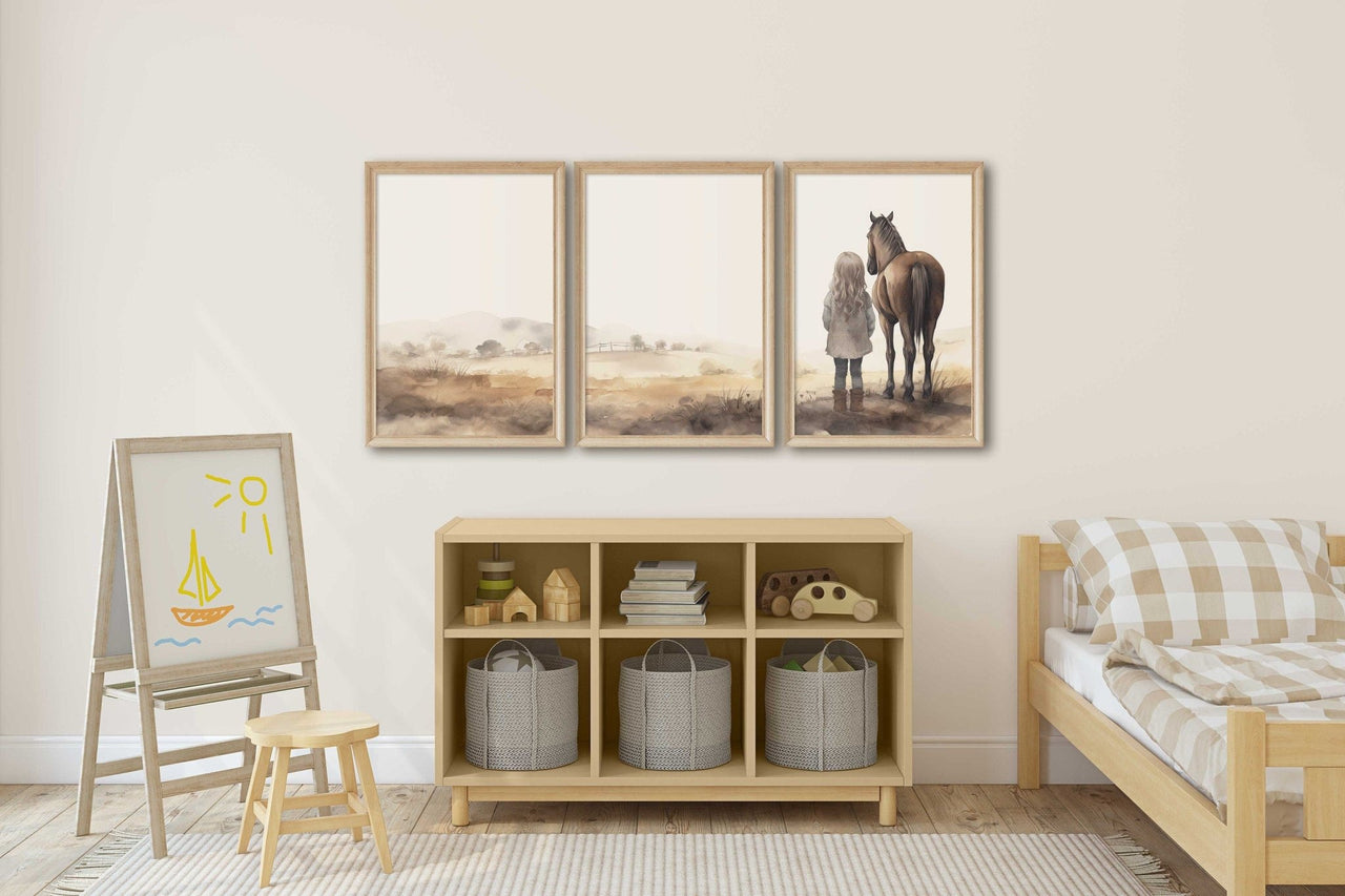 Blonde Girl and Horse Wall Art – Equestrian Girls Room Print • Set of 3