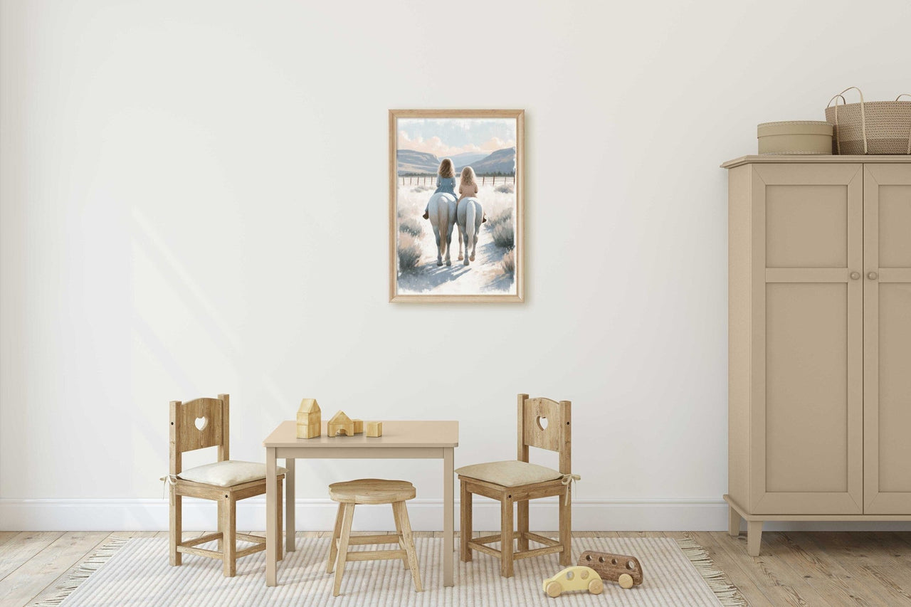 Sisters Riding Horses Wall Art – Equestrian Girls Room Print