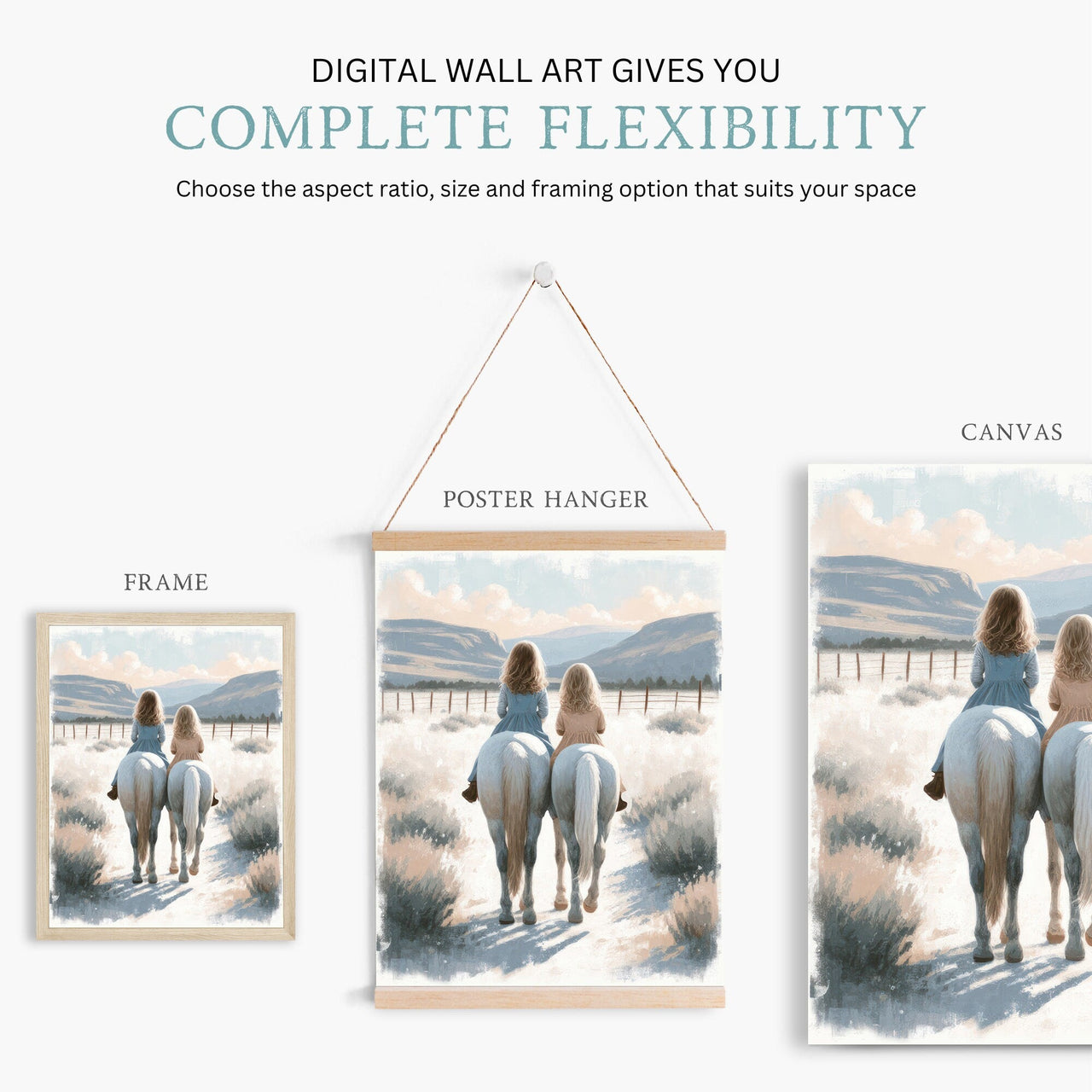 Sisters Riding Horses Wall Art – Equestrian Girls Room Print