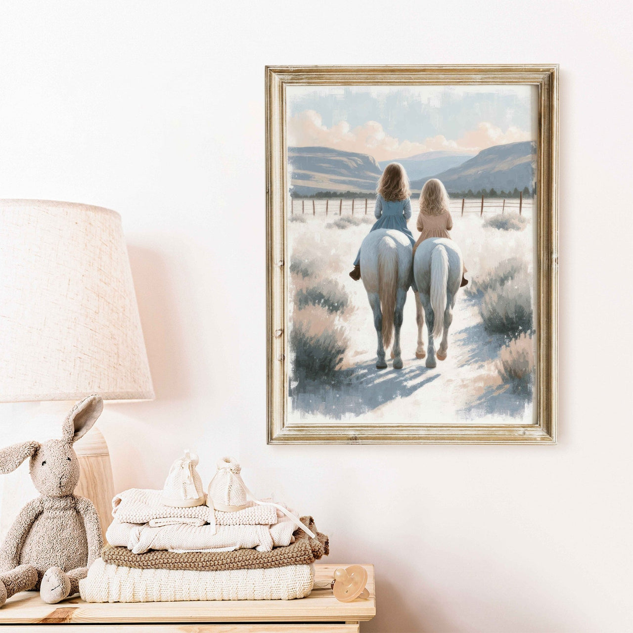 Sisters Riding Horses Wall Art – Equestrian Girls Room Print
