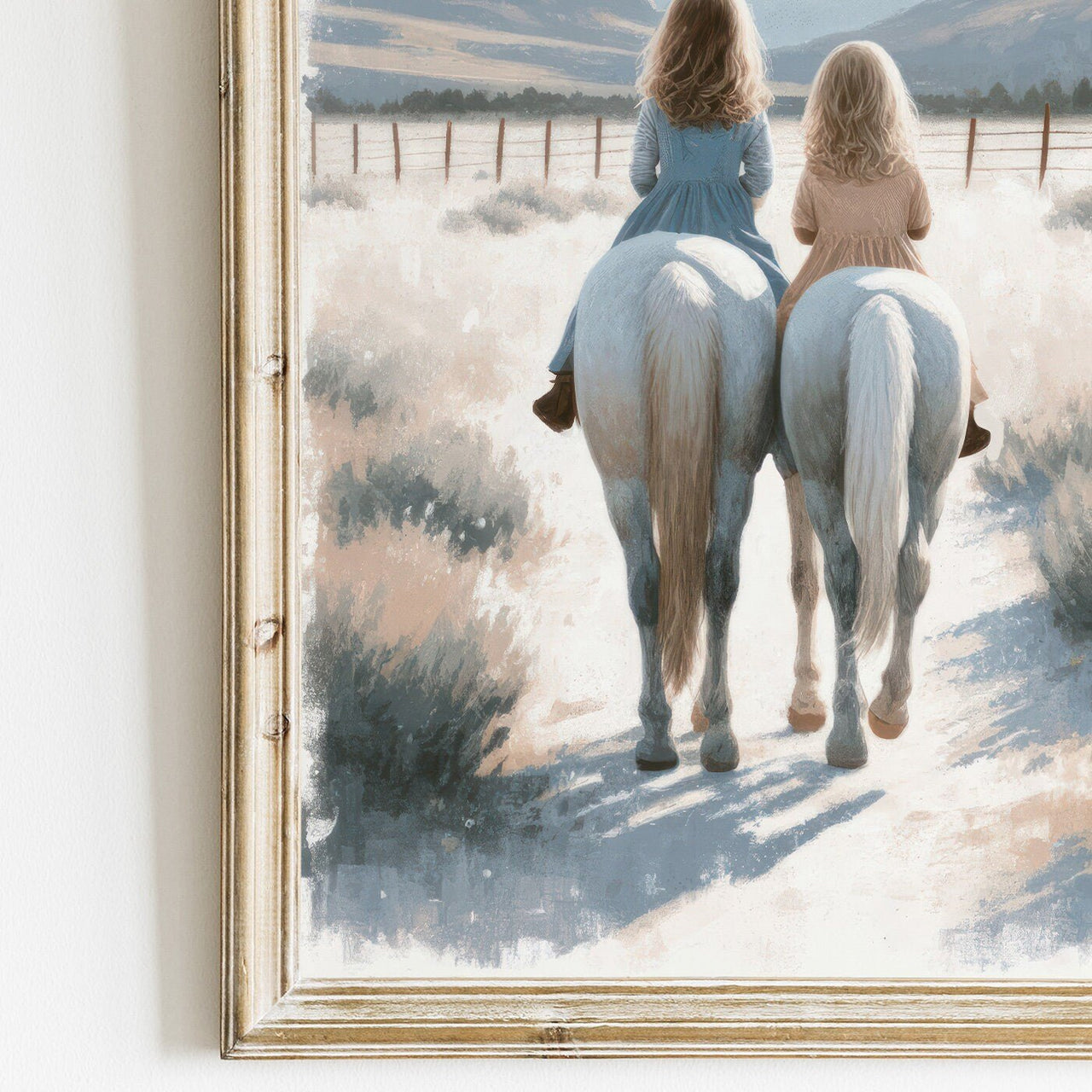 Sisters Riding Horses Wall Art – Equestrian Girls Room Print