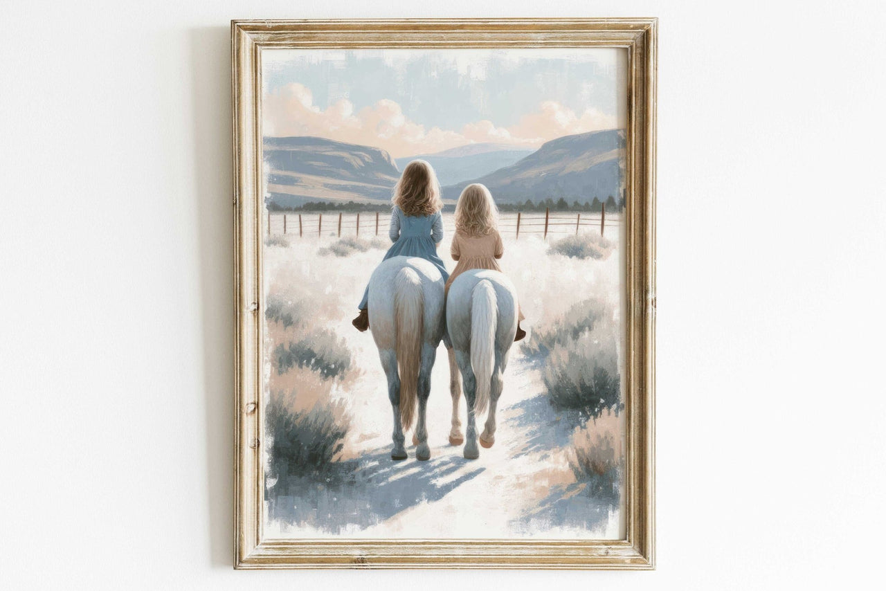 Sisters Riding Horses Wall Art – Equestrian Girls Room Print