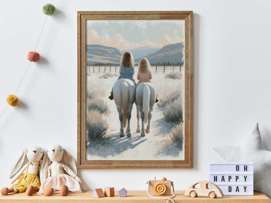 Horse Nursery Decor, Sisters Riding Horses, Equestrian Wall Art - WildfieldPrints