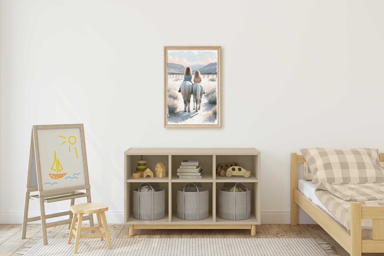Sisters Riding Horses Wall Art – Equestrian Girls Room Print