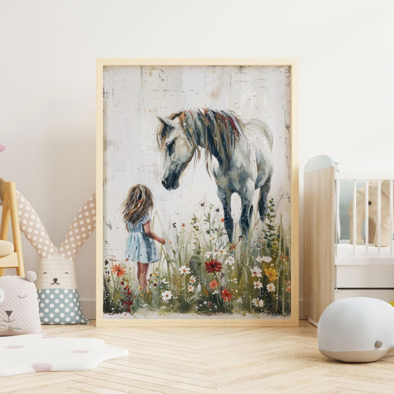 White Horse Wall Art – Equestrian Nursery Print for Girls