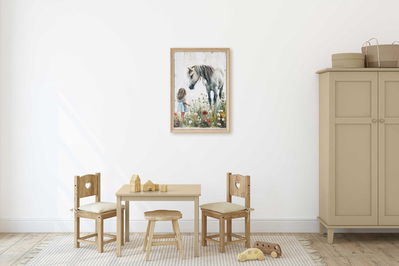 White Horse Wall Art – Equestrian Nursery Print for Girls