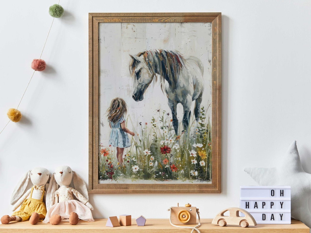 White Horse Wall Art – Equestrian Nursery Print for Girls