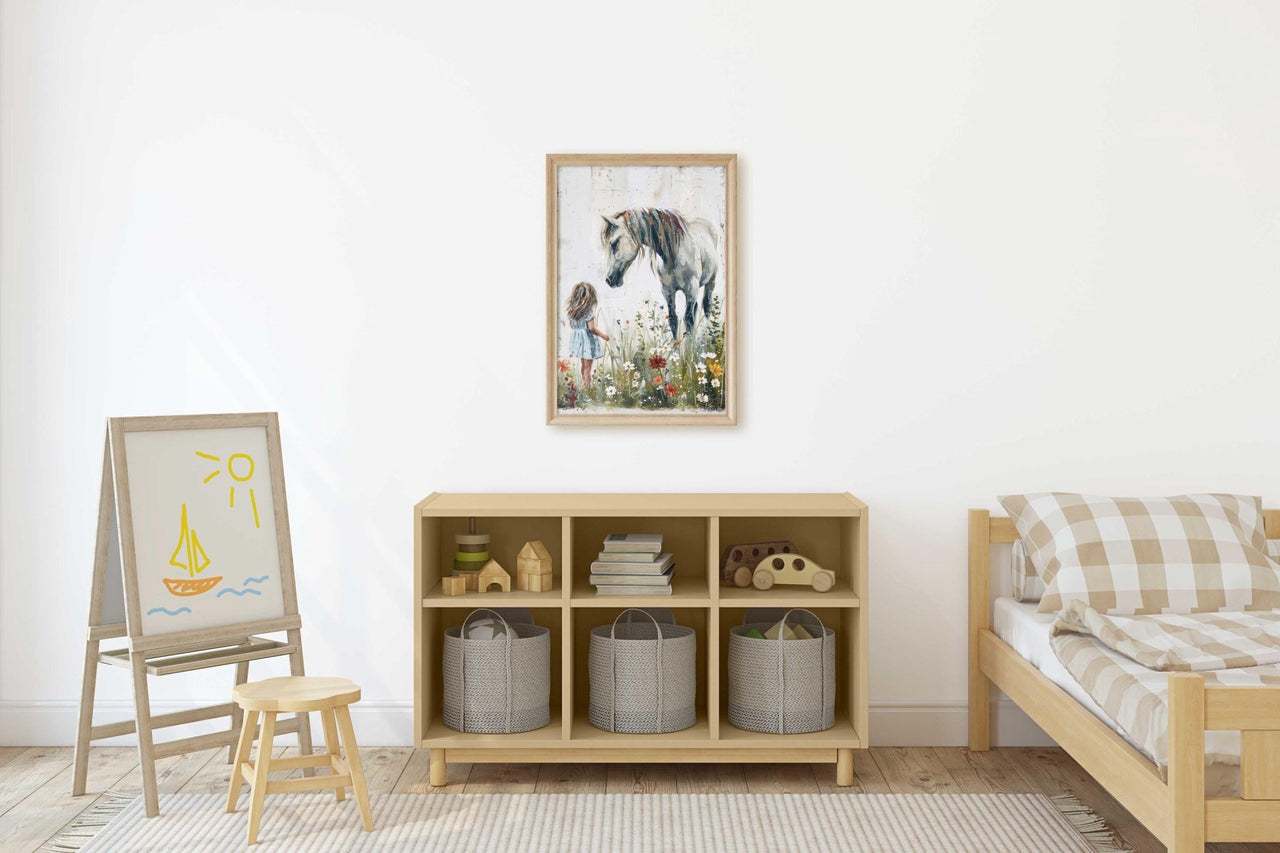 White Horse Wall Art – Equestrian Nursery Print for Girls