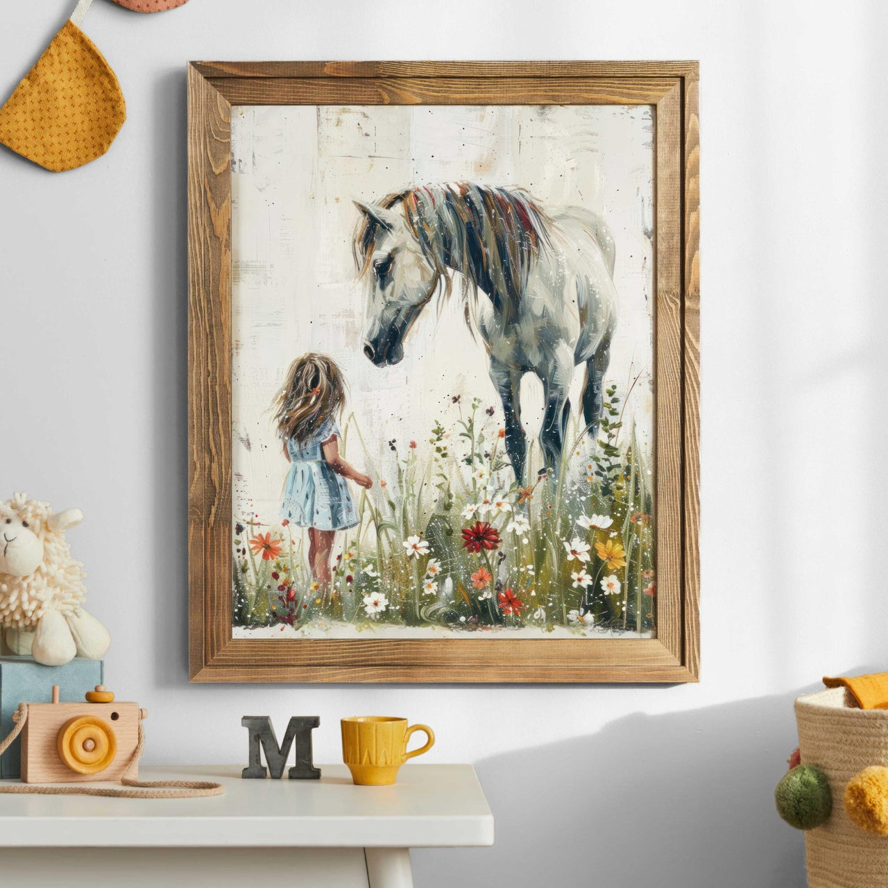 White Horse Wall Art – Equestrian Nursery Print for Girls