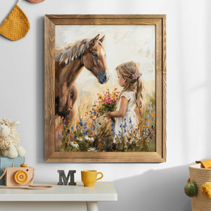 Horse Nursery Print, Little Girl & Horse Artwork, Rustic Wildflower Decor - WildfieldPrints