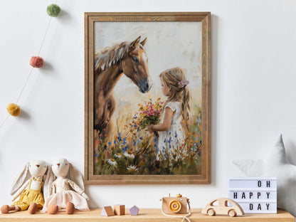 Horse Nursery Print, Little Girl & Horse Artwork, Rustic Wildflower Decor - WildfieldPrints