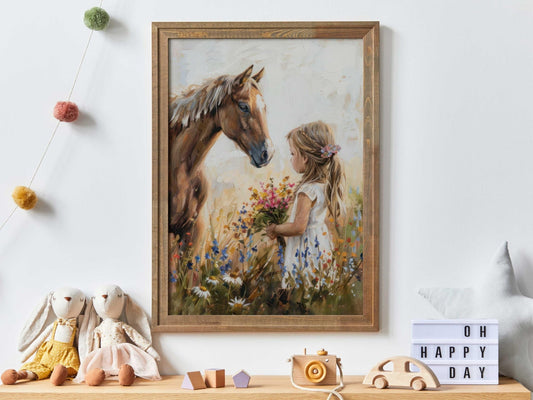 Horse Nursery Print, Little Girl & Horse Artwork, Rustic Wildflower Decor - WildfieldPrints