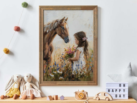 Horse Nursery Print, Little Girl & Horse Print, Horse Gift Girl, Wildflower Nursery Decor, Rustic Horse Print, Girl Room, Printable Girl Art - My Store