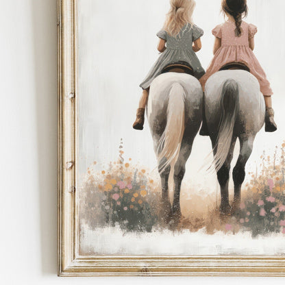 Horse Nursery Prints, Girls Riding Horses Decor, Sister Room Wall Art - WildfieldPrints