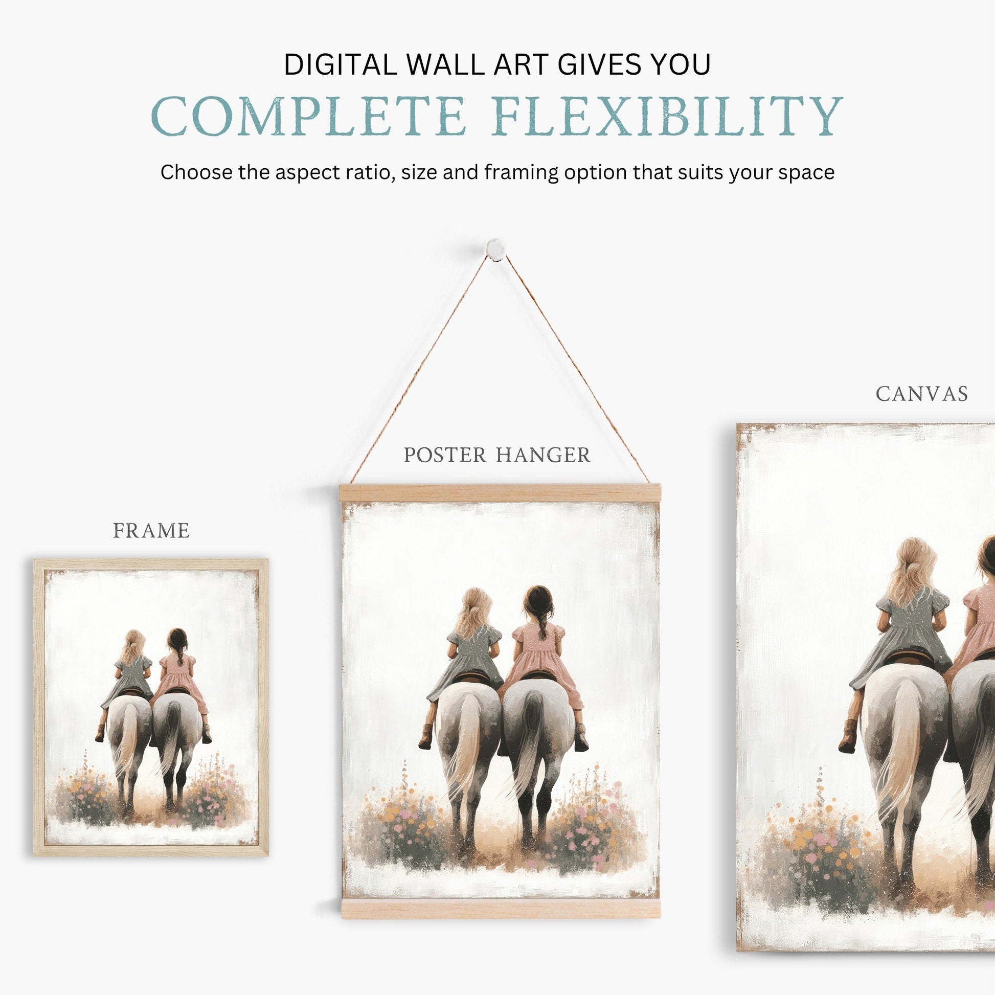 Horse Nursery Prints, Girls Riding Horses Decor, Sister Room Wall Art - WildfieldPrints