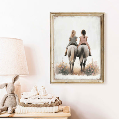 Horse Nursery Prints, Girls Riding Horses Decor, Sister Room Wall Art - WildfieldPrints
