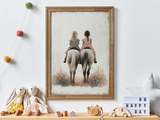 Horse Nursery Prints, Girls Riding Horses Decor, Sister Room Wall Art - WildfieldPrints