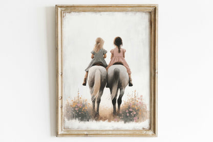 Horse Nursery Prints, Girls Riding Horses Decor, Sister Room Wall Art - WildfieldPrints