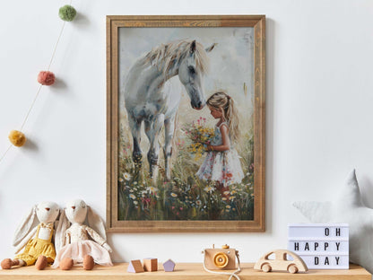 Horse Print for Girls Room, Girl & Horse Print, Horse Gift Young Girl, Horse Nursery Wall Art, Vintage Horse Painting, Printable Horse Art - My Store