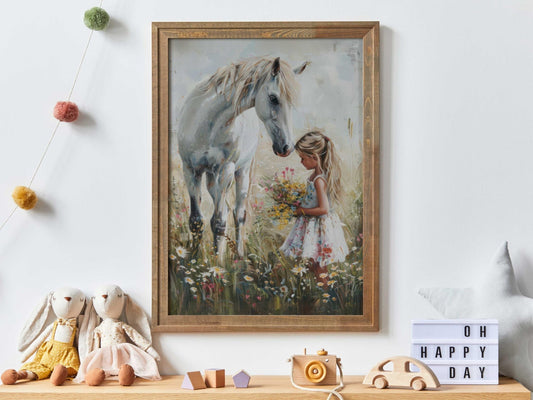 Horse Print for Girls Room, Girl & Horse Print, Horse Gift Young Girl, Horse Nursery Wall Art, Vintage Horse Painting, Printable Horse Art - My Store