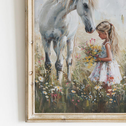 Horse Print for Girls Room, Girl & Horse Print, Horse Gift Young Girl, Horse Nursery Wall Art, Vintage Horse Painting, Printable Horse Art - My Store