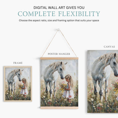 Horse Print for Girls Room, Girl & Horse Print, Horse Gift Young Girl, Horse Nursery Wall Art, Vintage Horse Painting, Printable Horse Art - My Store