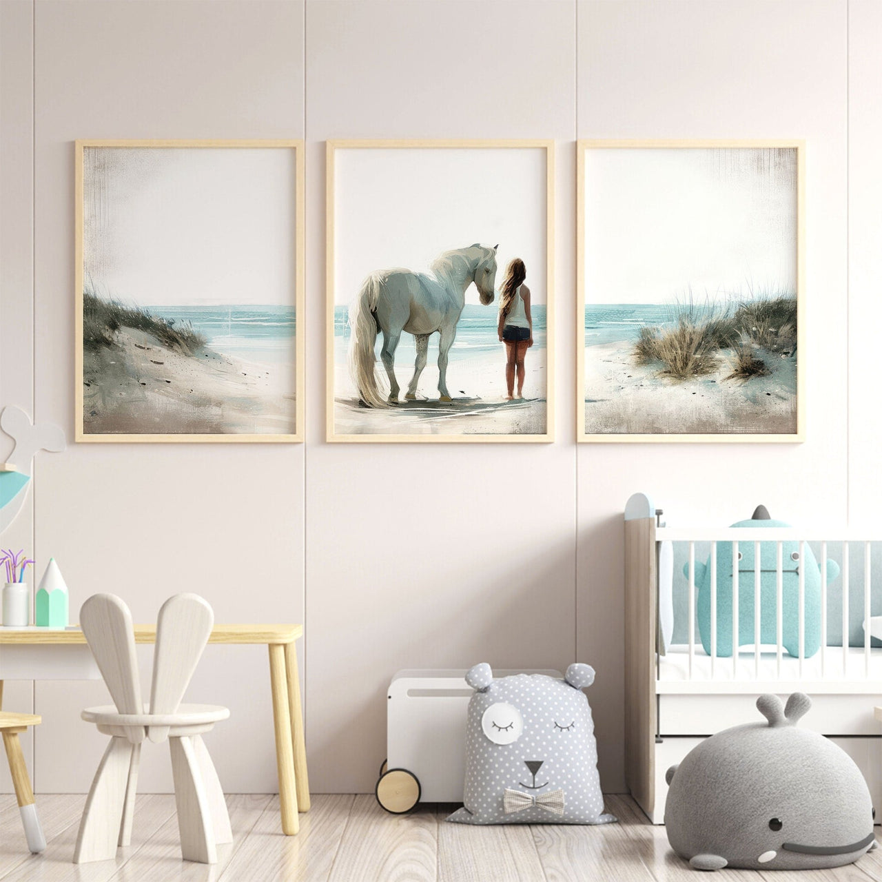 White Horse Wall Art – Equestrian Girls Room Print • Set of 3