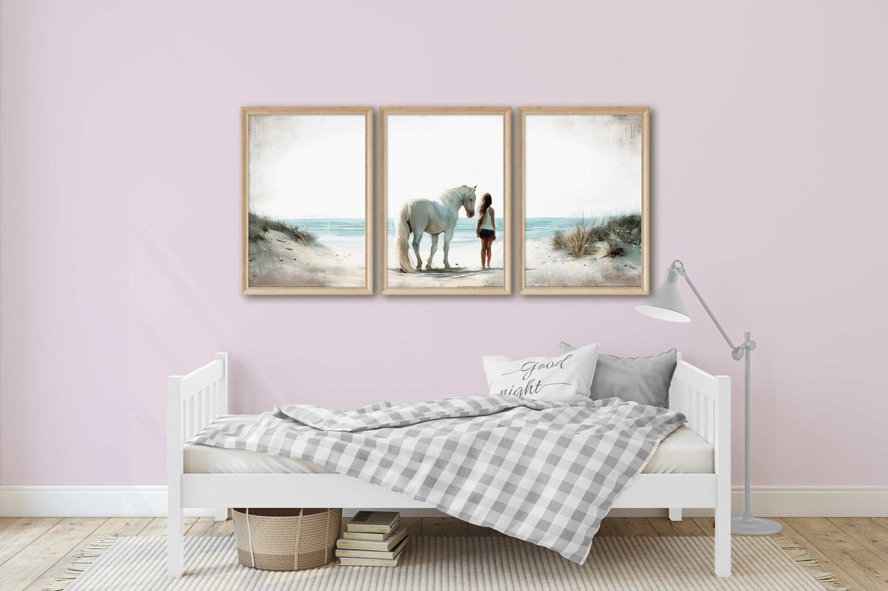 White Horse Wall Art – Equestrian Girls Room Print • Set of 3