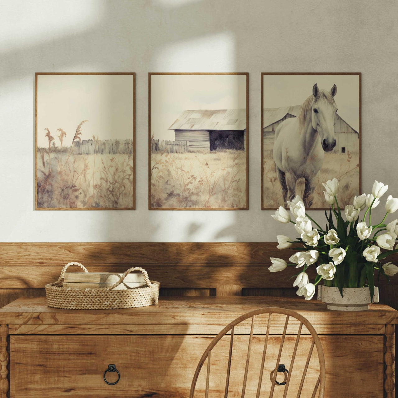 White Horse Wall Art – Farm Nursery Print for Kids Room • Set of 3