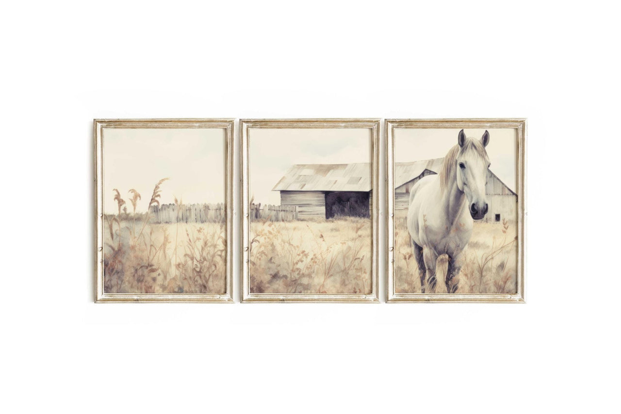White Horse Wall Art – Farm Nursery Print for Kids Room • Set of 3