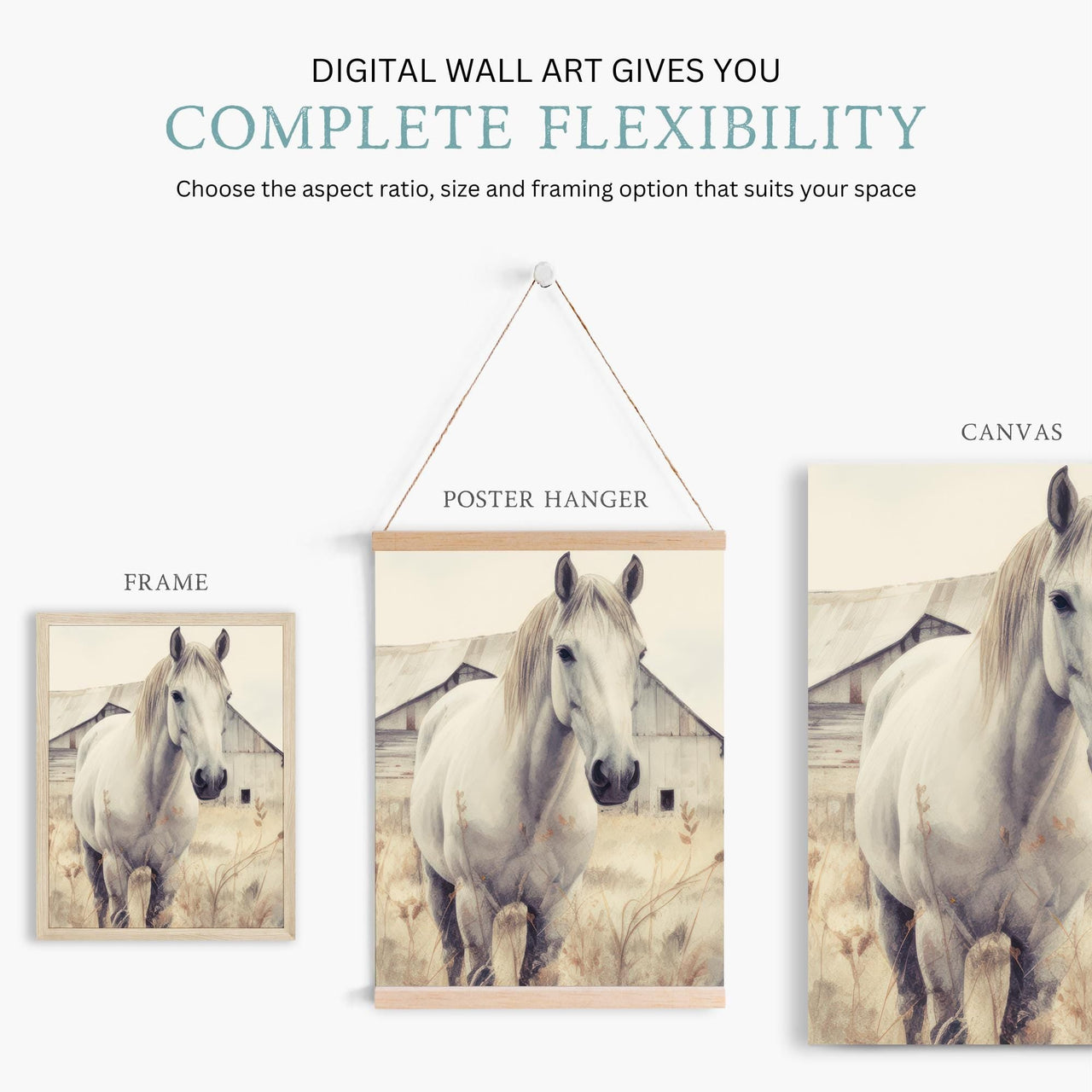 White Horse Wall Art – Farm Nursery Print for Kids Room • Set of 3
