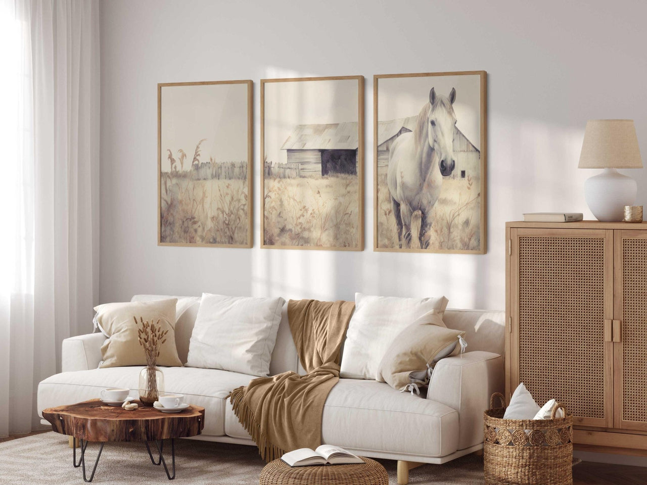 White Horse Wall Art – Farm Nursery Print for Kids Room • Set of 3