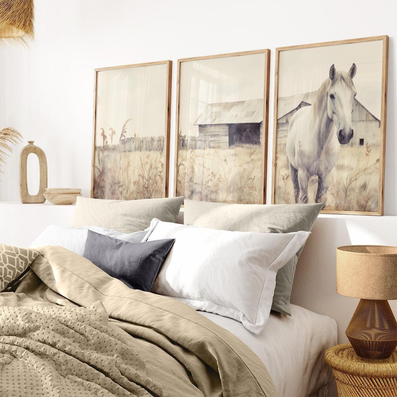 White Horse Wall Art – Farm Nursery Print for Kids Room • Set of 3