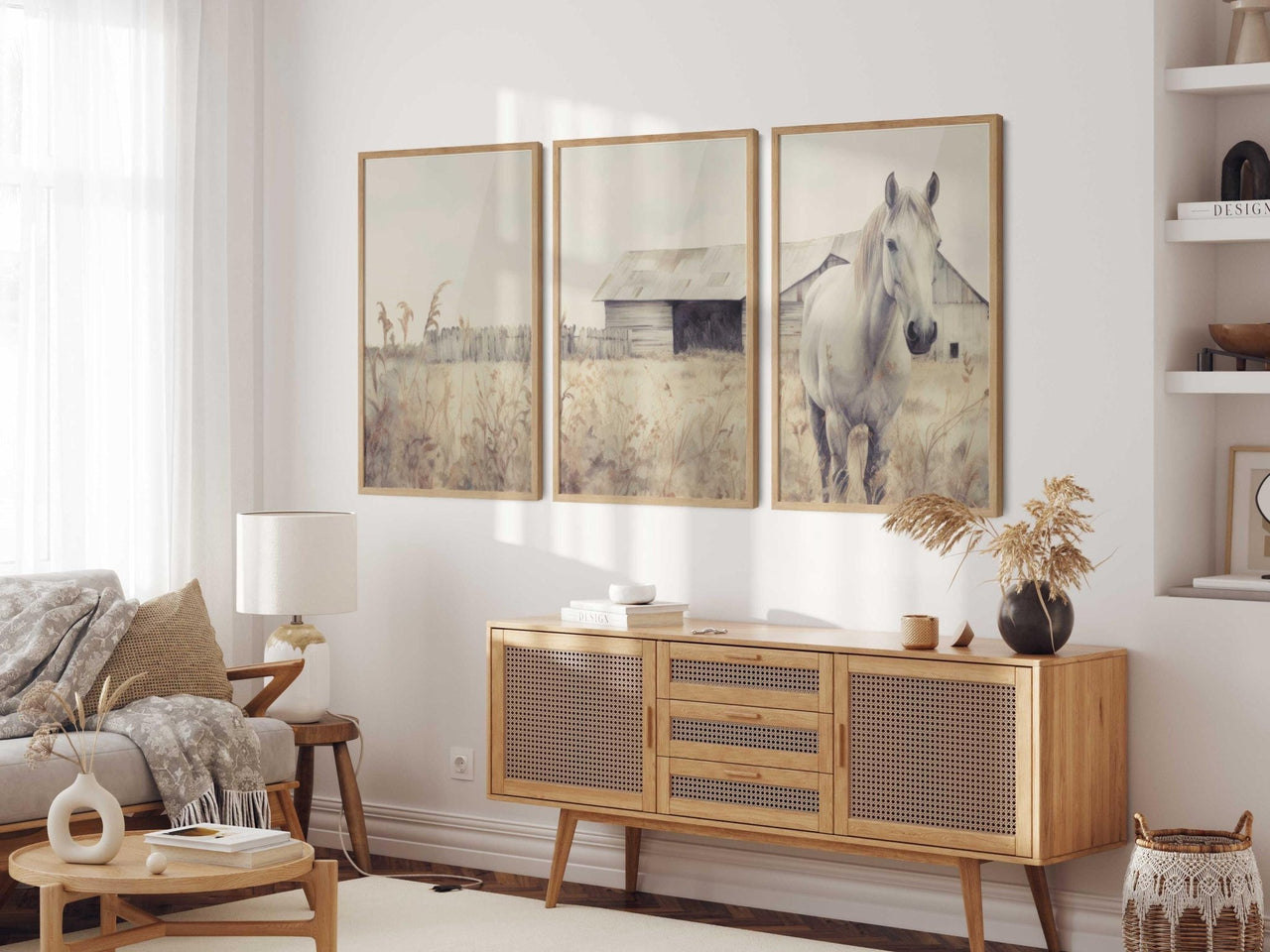 White Horse Wall Art – Farm Nursery Print for Kids Room • Set of 3