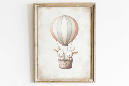 Hot Air Balloon Nursery Art, Cute Bunny Wall Decor, Baby Shower Gift - WildfieldPrints